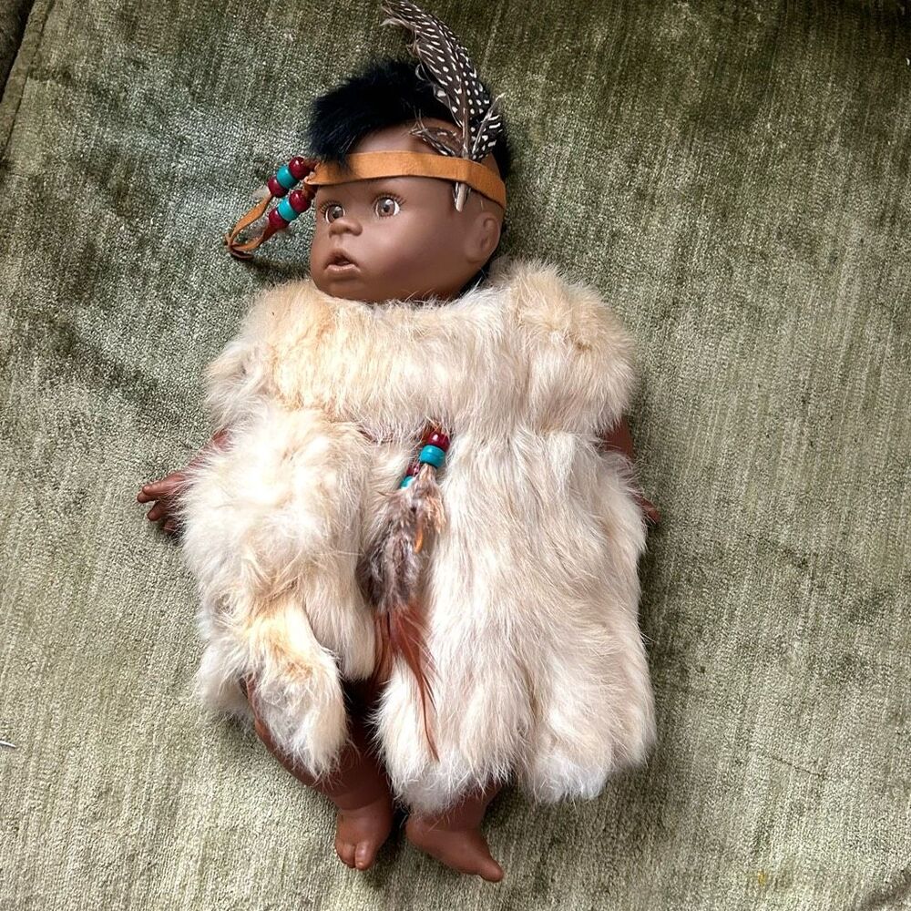 Native American Baby Boy Doll w Authentic Fur & Feathers, Mohawk, Soft Body
